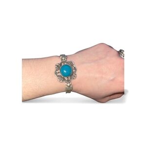 Silver-Tone Filigree Bracelet with Turquoise Cabochon